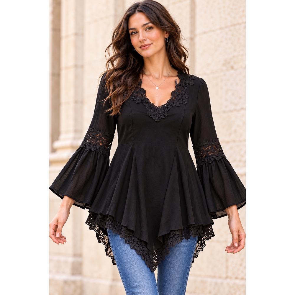 NWT Free People Boho Whimsygoth Lace Bell Sleeve Tunic Top Festival Fairy Sz M